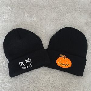 Kids Black Halloween Beanie Hat with Pumpkin or Skull Patch